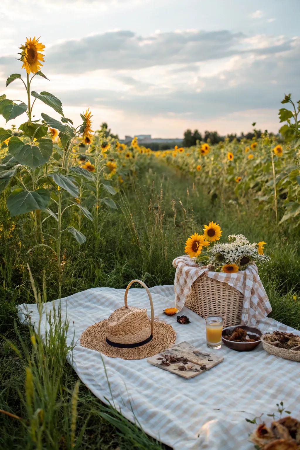 A serene picnic spot in the heart of a sunflower field