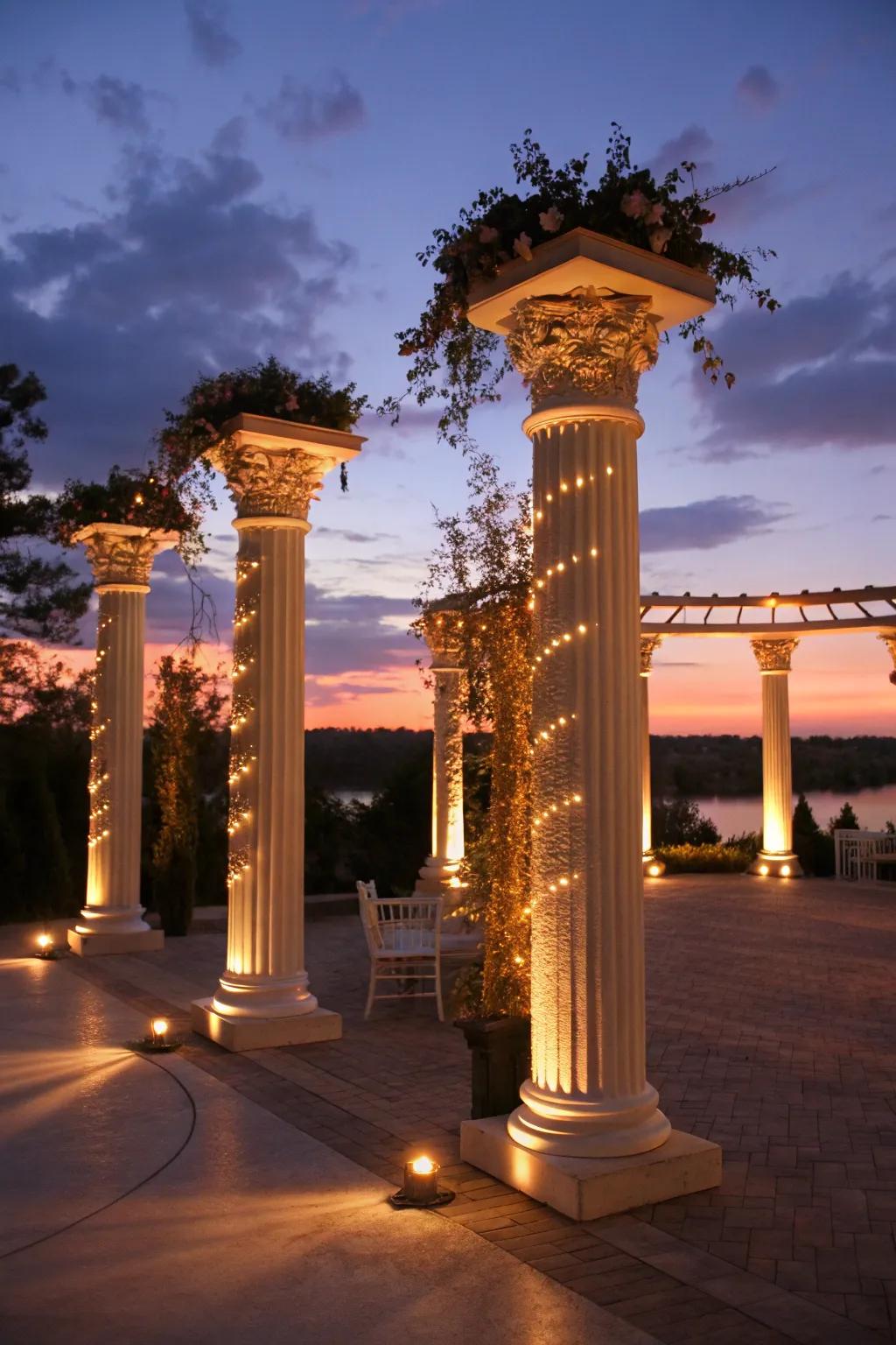 Columns aglow with enchanting lighting.