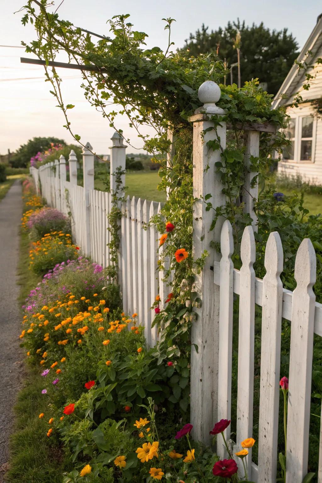 Vines and wildflowers lend a rustic charm to a white picket fence.