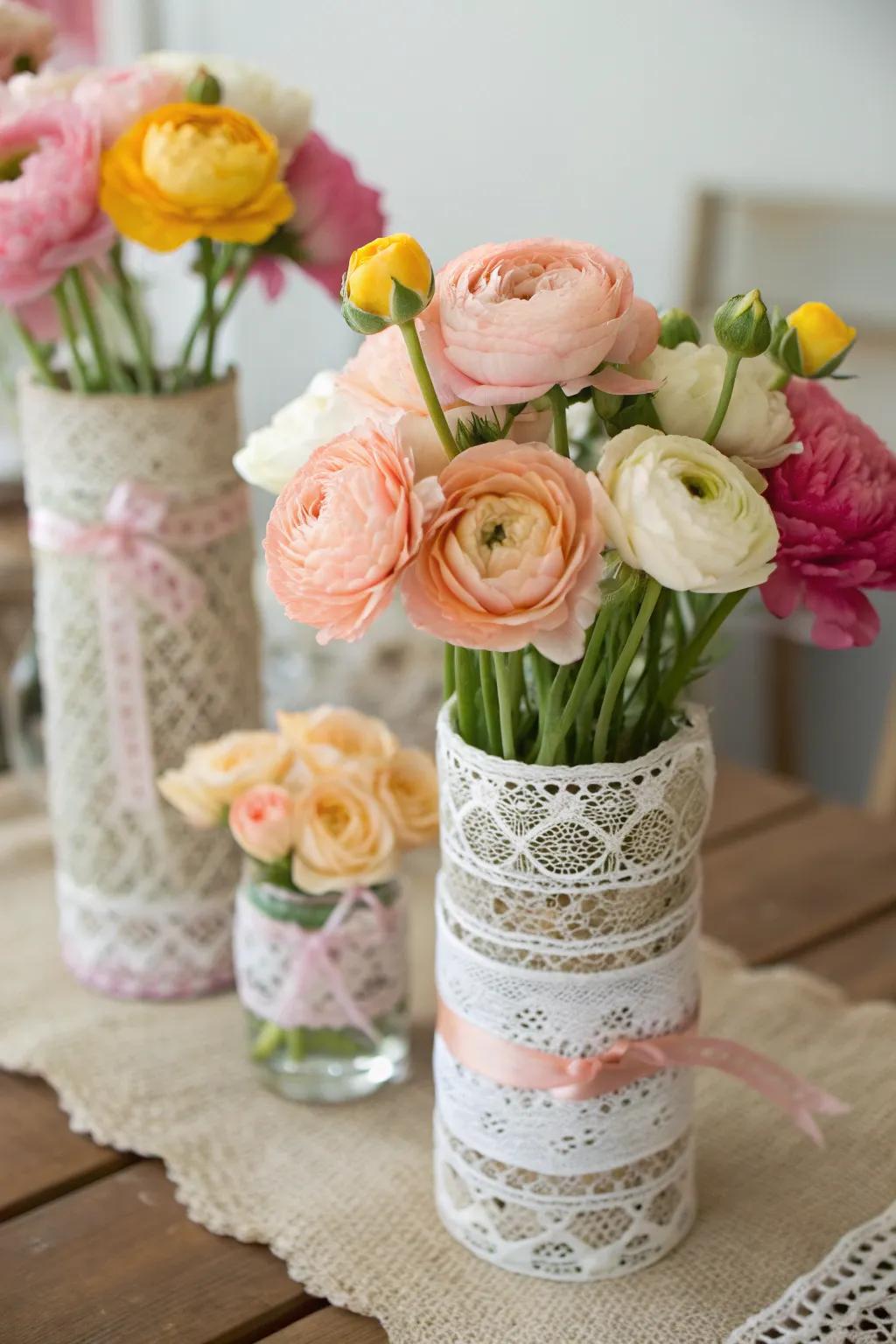 Shabby chic elegance with vintage lace and ranunculus.