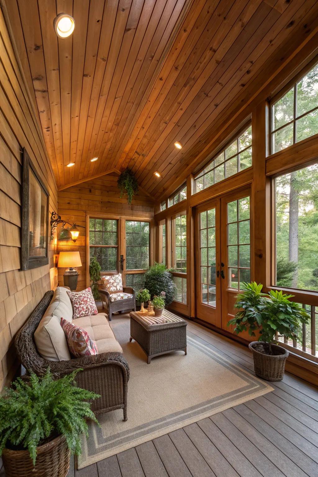 The rustic elegance of wood paneling adds warmth to this inviting three-season porch.