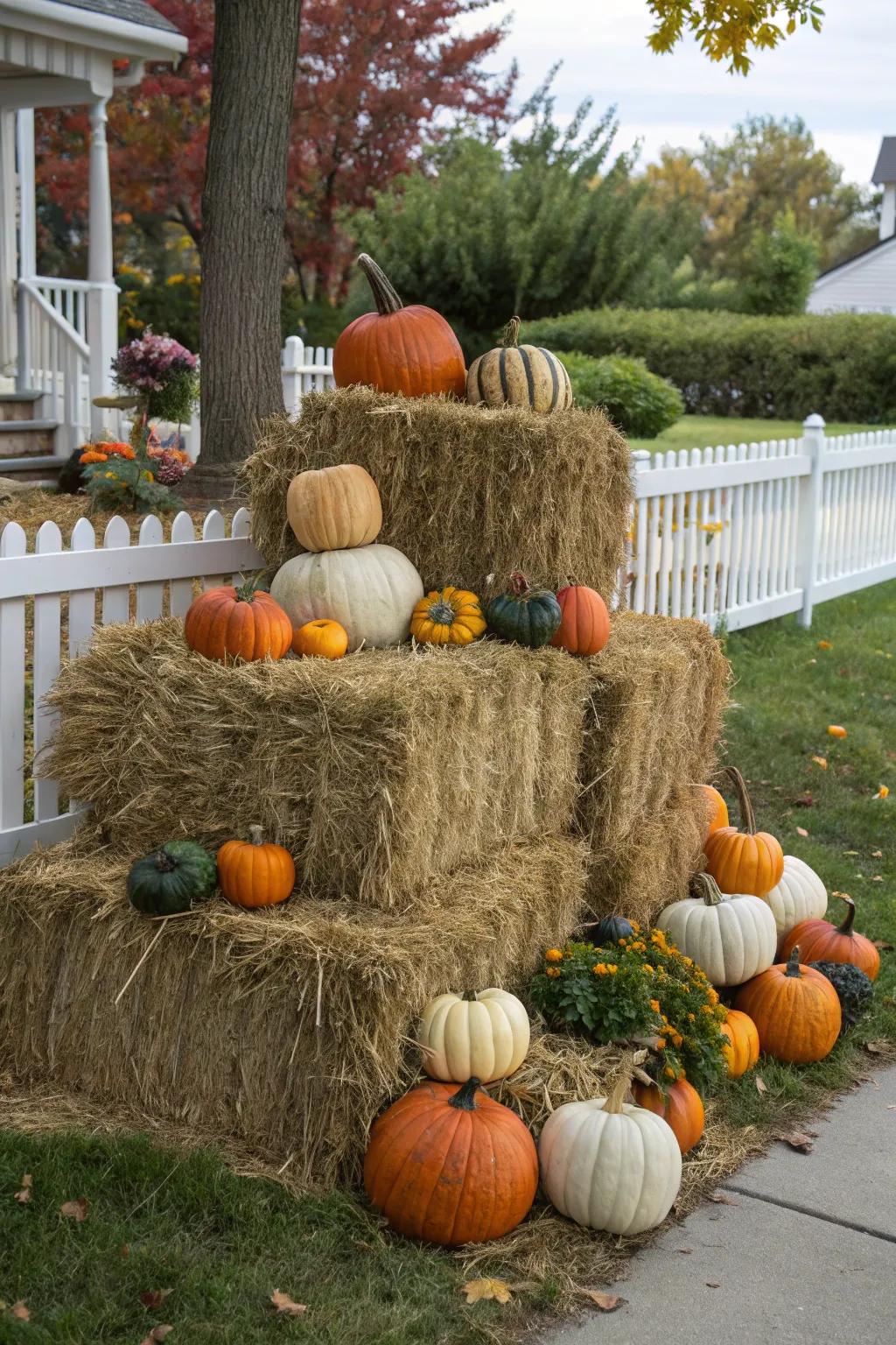 Hay bales create a rustic foundation for fall decor.