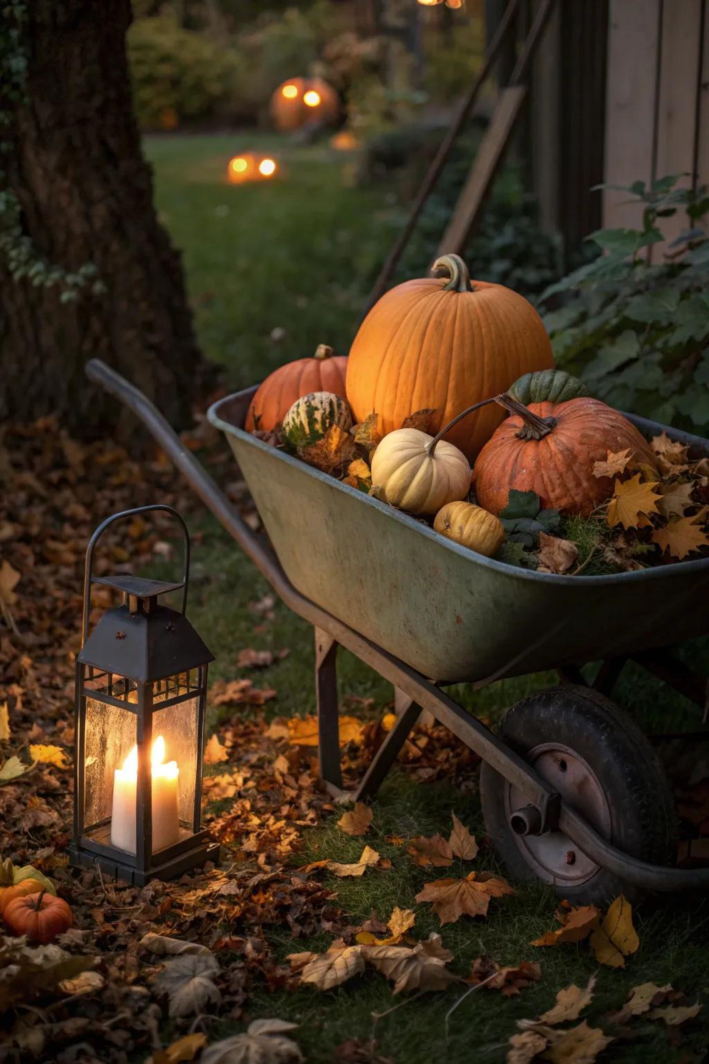 A glowing lantern adds warmth and charm to this fall wheelbarrow setting.