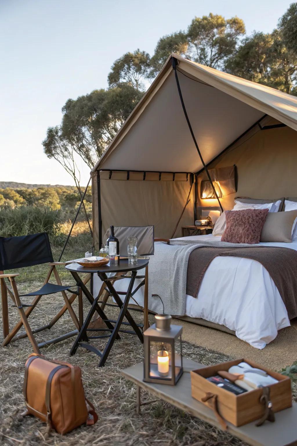 Enhance functionality with multifunctional furniture in your glamping tent.
