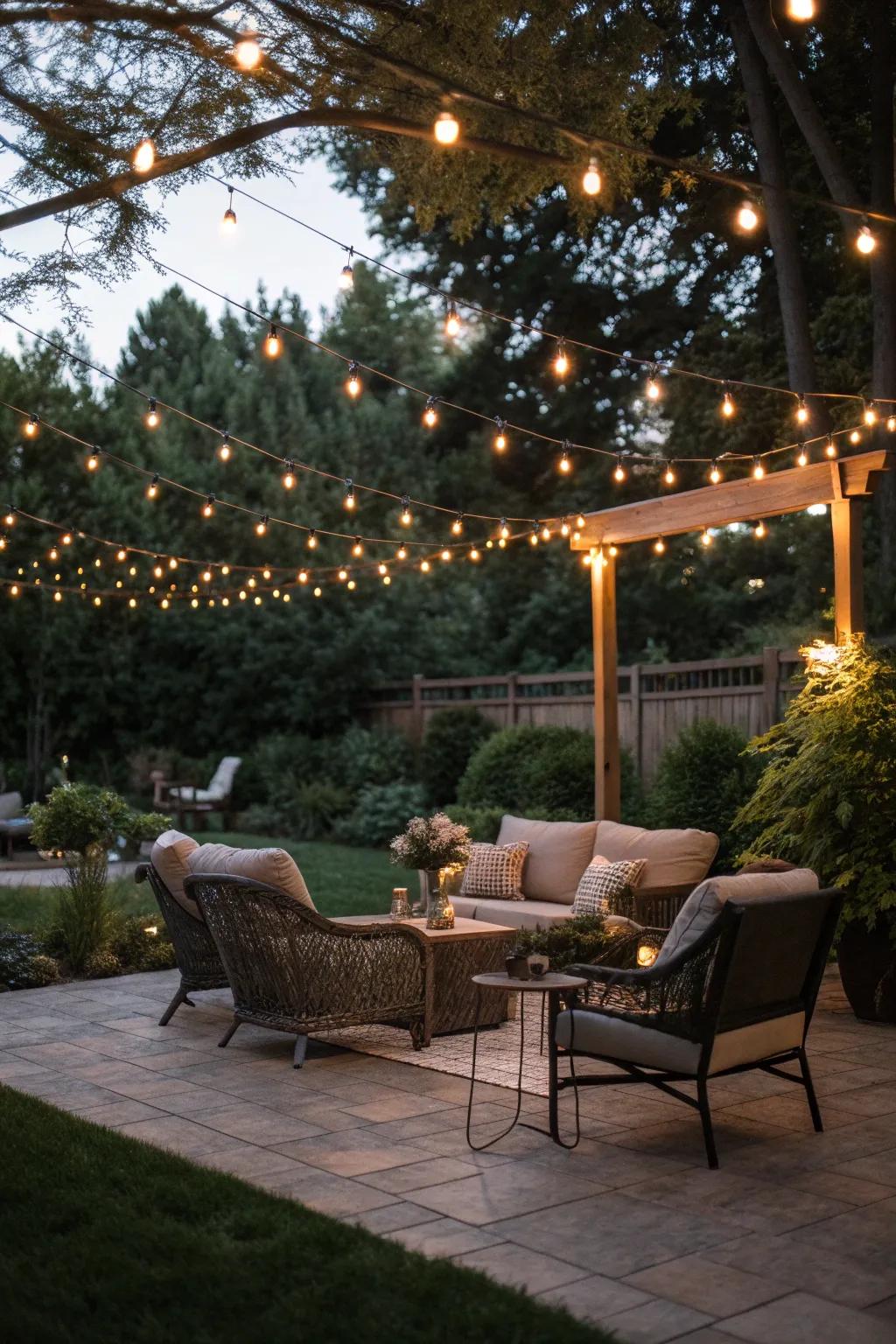 String lights create a magical starry canopy over a cozy seating area.