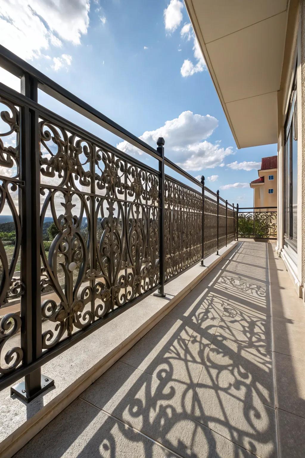 Intricate decorative metal patterns for a visually interesting balcony fence.
