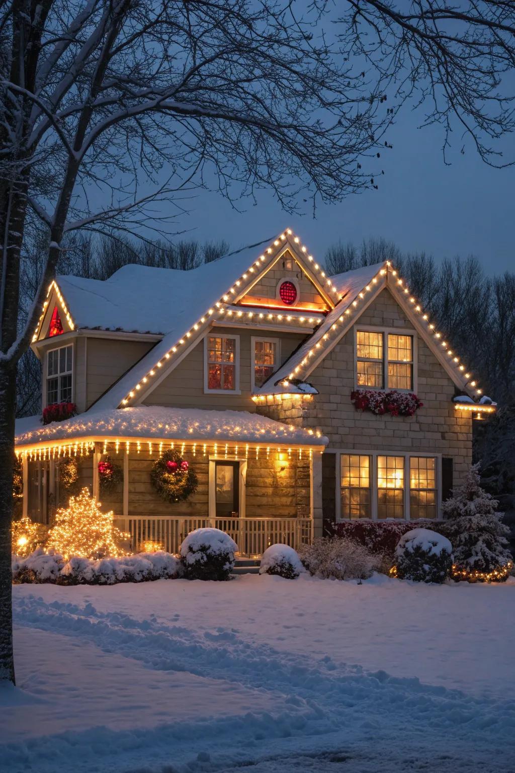 Classic C9 bulbs outlining a roof create a bold and festive look.