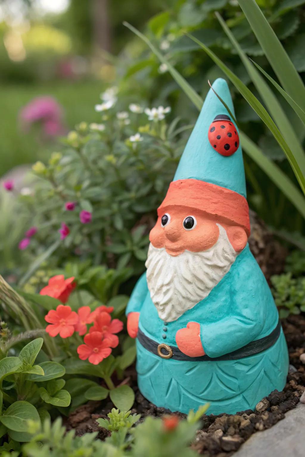 A modern twist on the classic garden gnome with a playful ladybug.