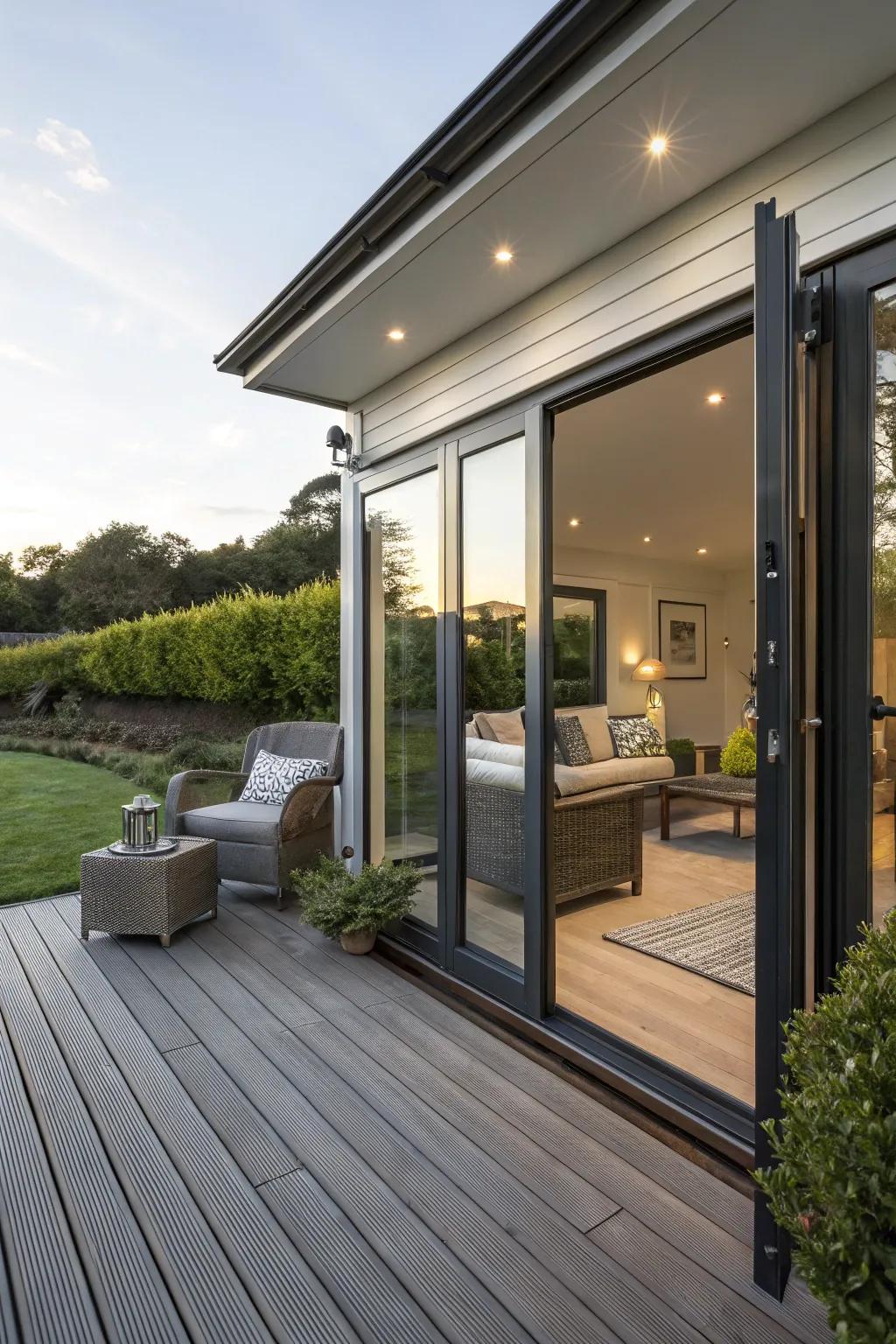 Space-efficient sliding doors offer a sleek, modern touch to any deck.