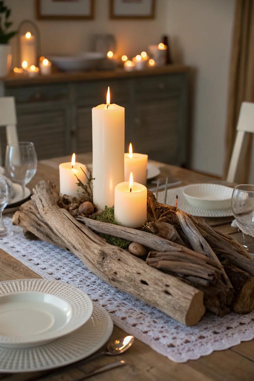Enchant your evenings with candlelit driftwood.