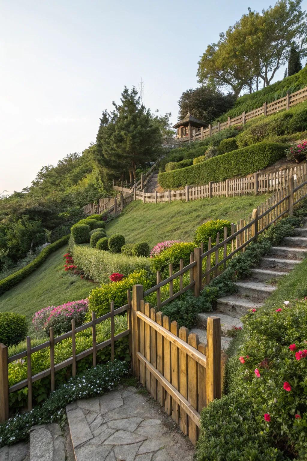 Terraced fences are perfect for creating levels on a slope.