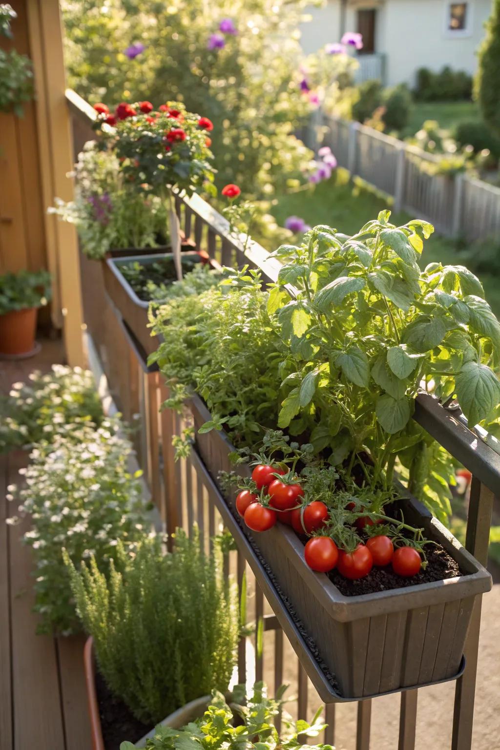 An edible garden on your railing keeps fresh ingredients within reach.