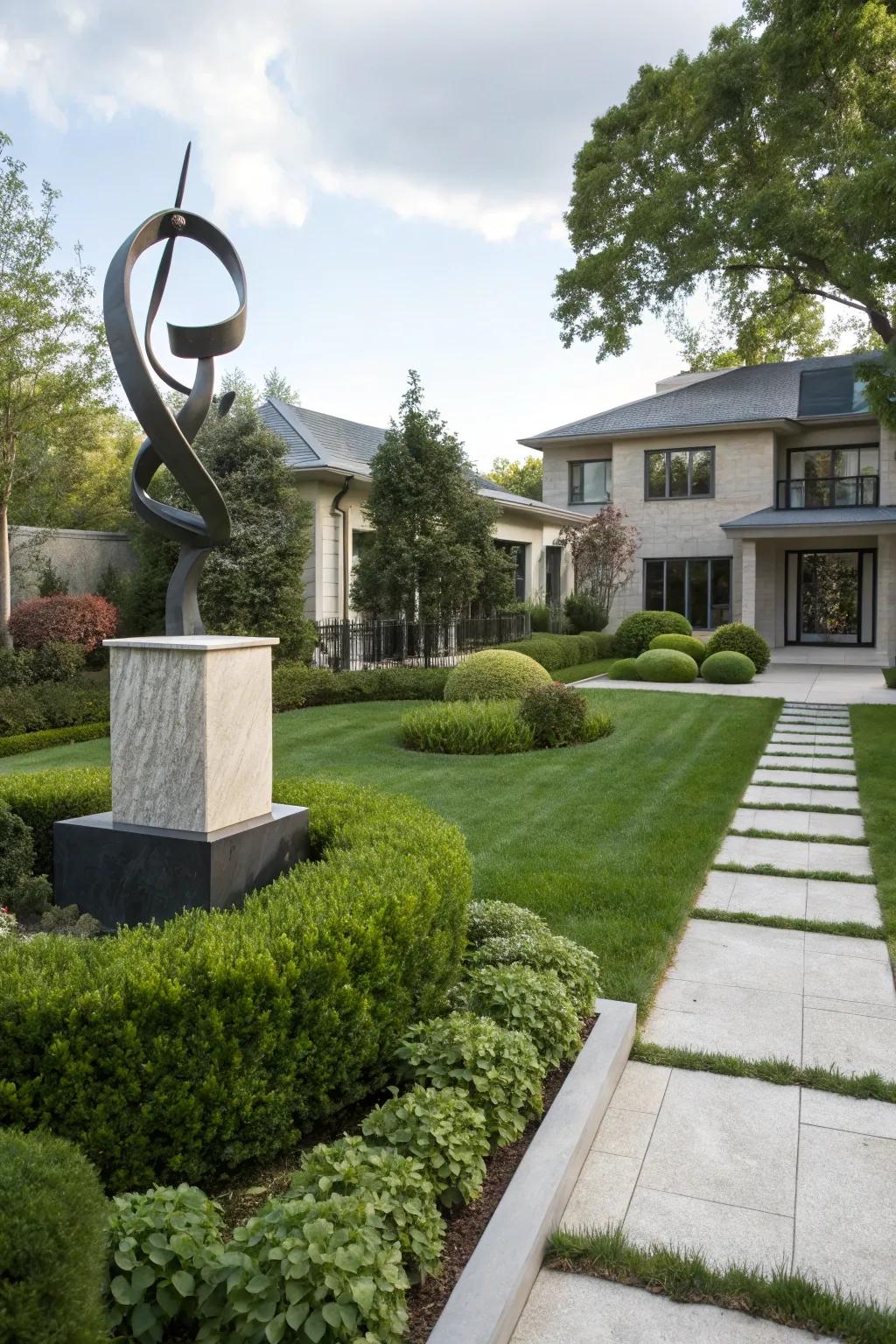 A modern sculpture adds style and intrigue to the front yard, enhancing its visual appeal.