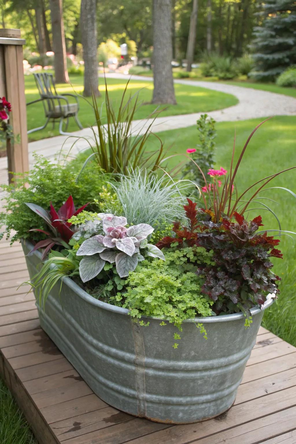 A unique plant combination in a galvanized tub, adding interest to the garden.