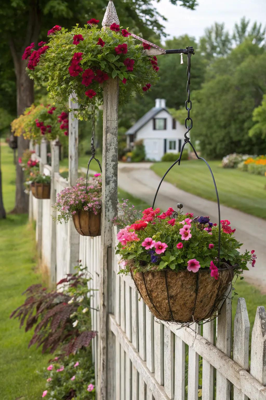 Classic hanging baskets bring timeless beauty to your fence.