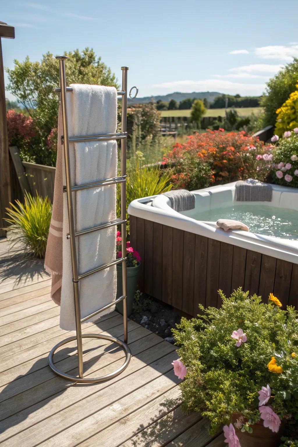 Freestanding towel racks offer flexibility and style.