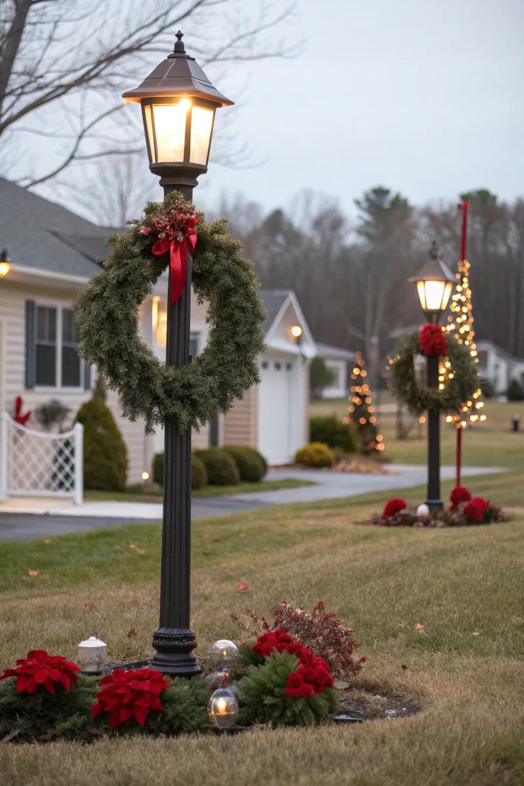 Lamp post with a beautiful seasonal wreath