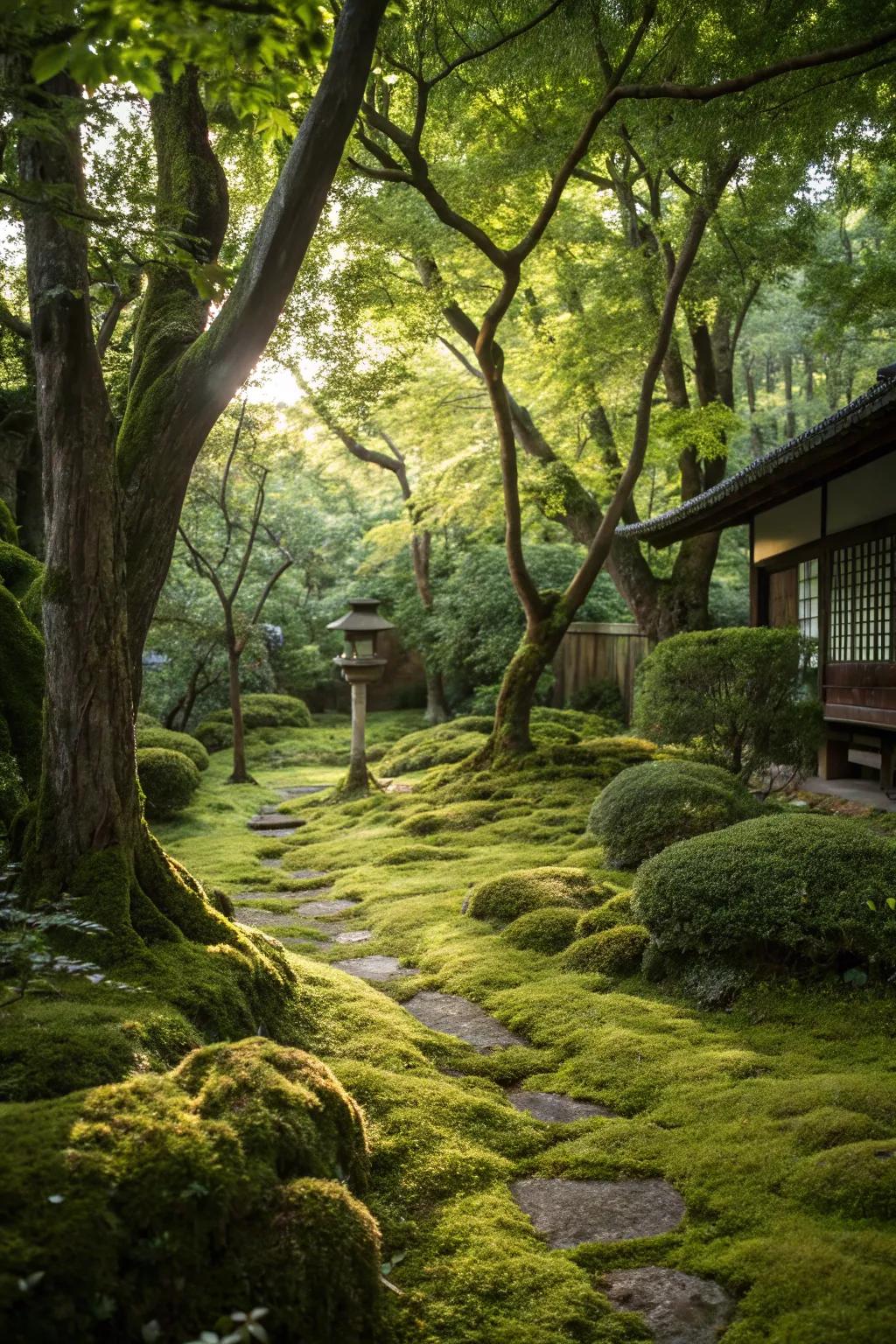 A serene moss lawn that thrives in shaded areas.