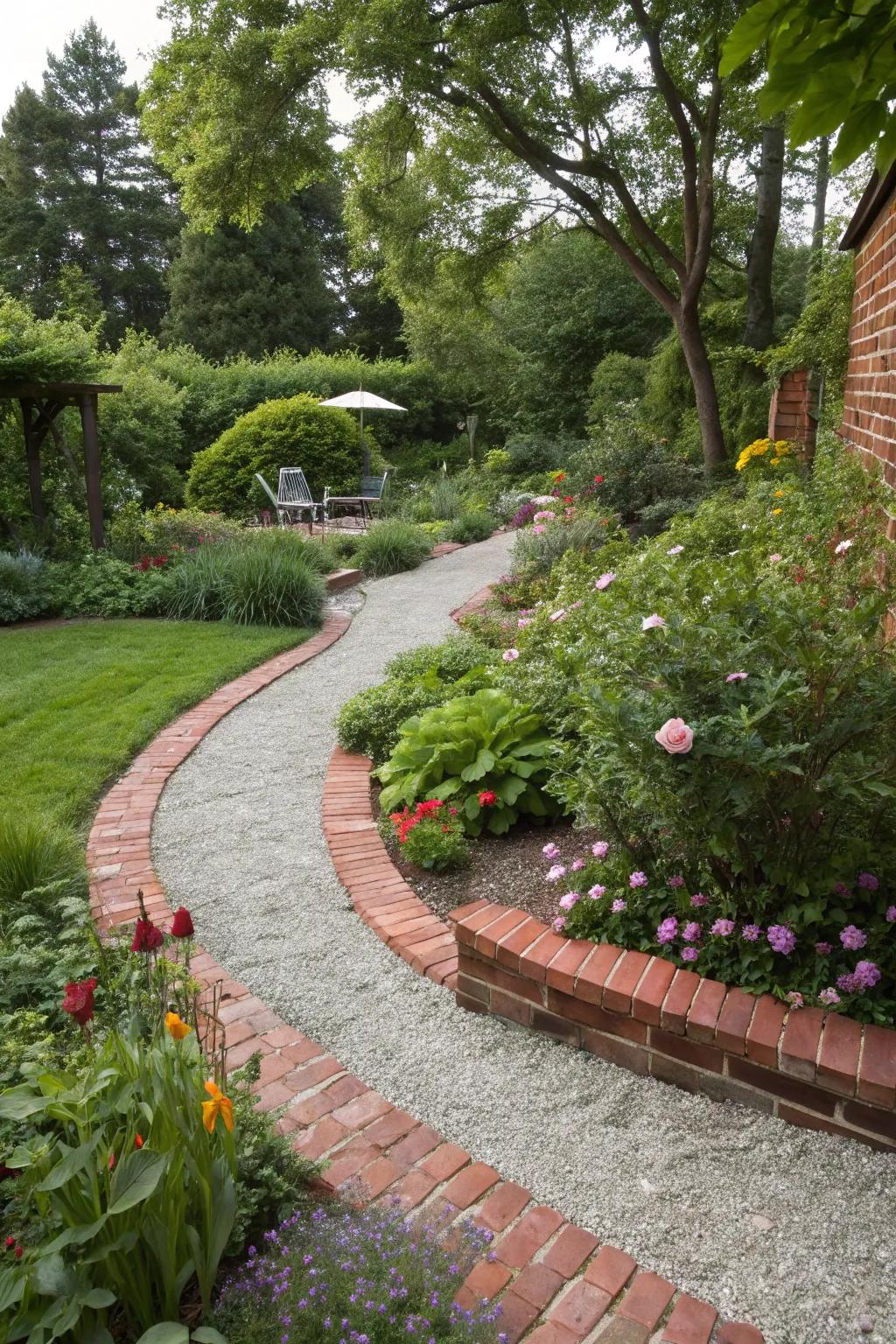 Integrated red brick edging creates a seamless transition.