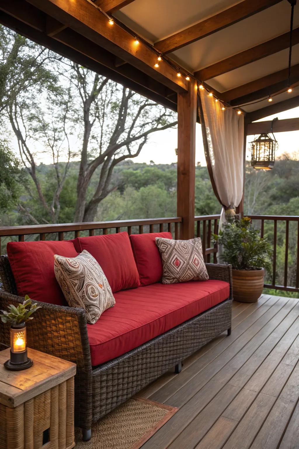A cozy corner with red cushions invites relaxation.