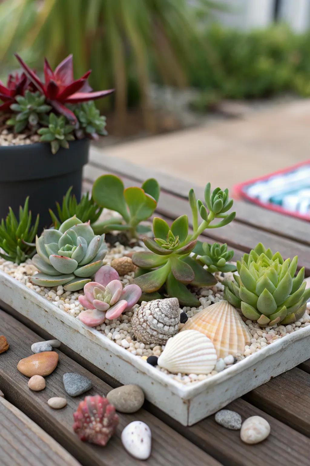 Miniature gardens come alive with succulents and seashells.