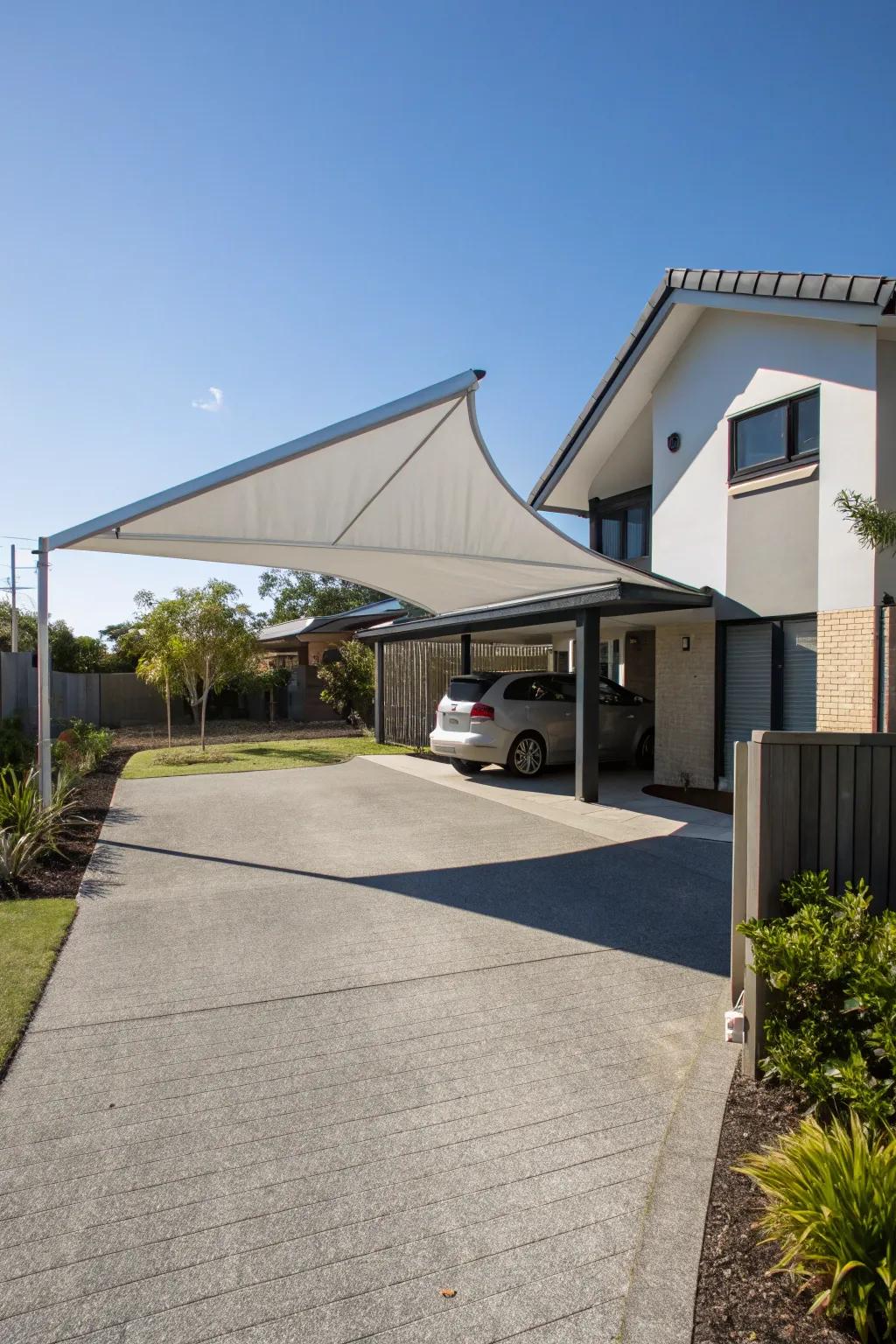 A triangular shade sail adds modern elegance to any driveway.