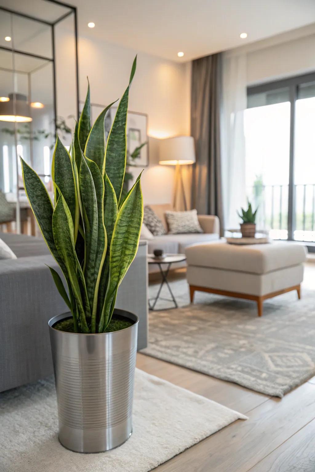 Metal pots provide a sleek, shiny contrast to leafy greens.