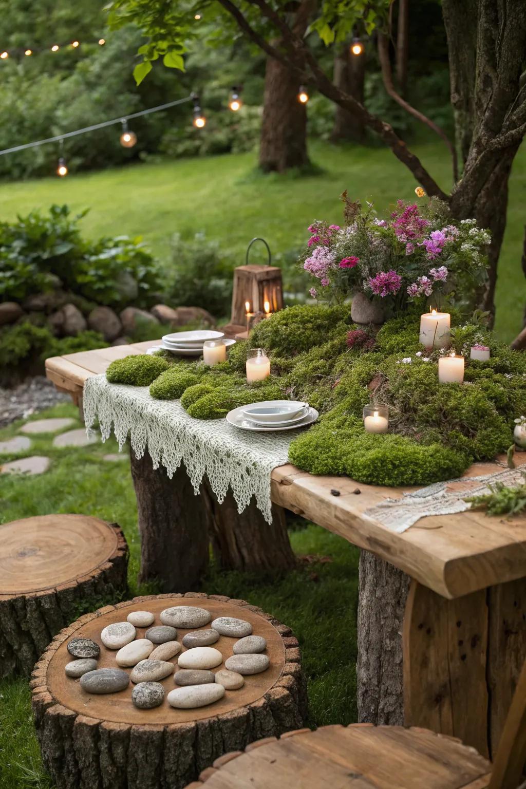 A table adorned with moss and wooden accents, perfect for a fairy-themed gathering.