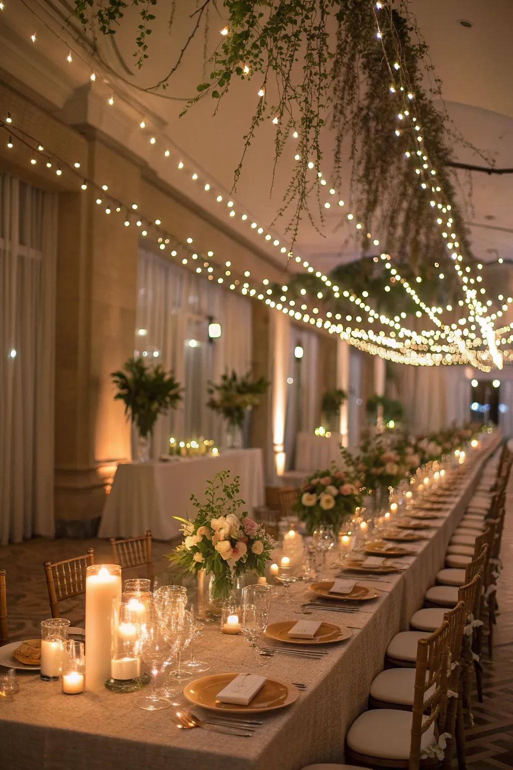 Elevate your dining experience with a twinkling overhead setup.