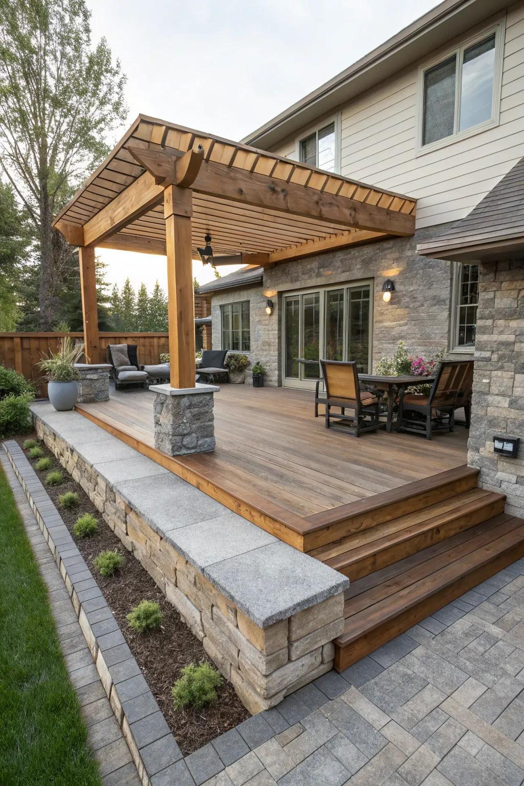 Mix of materials adding style and durability to the deck and patio.