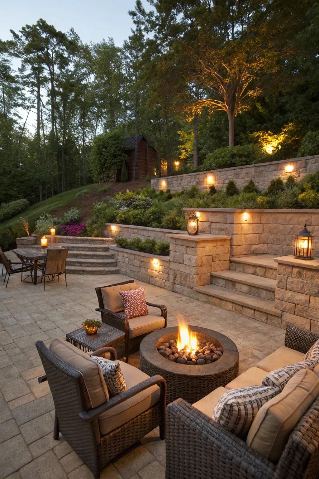 Retaining walls create intimate spaces for outdoor enjoyment.