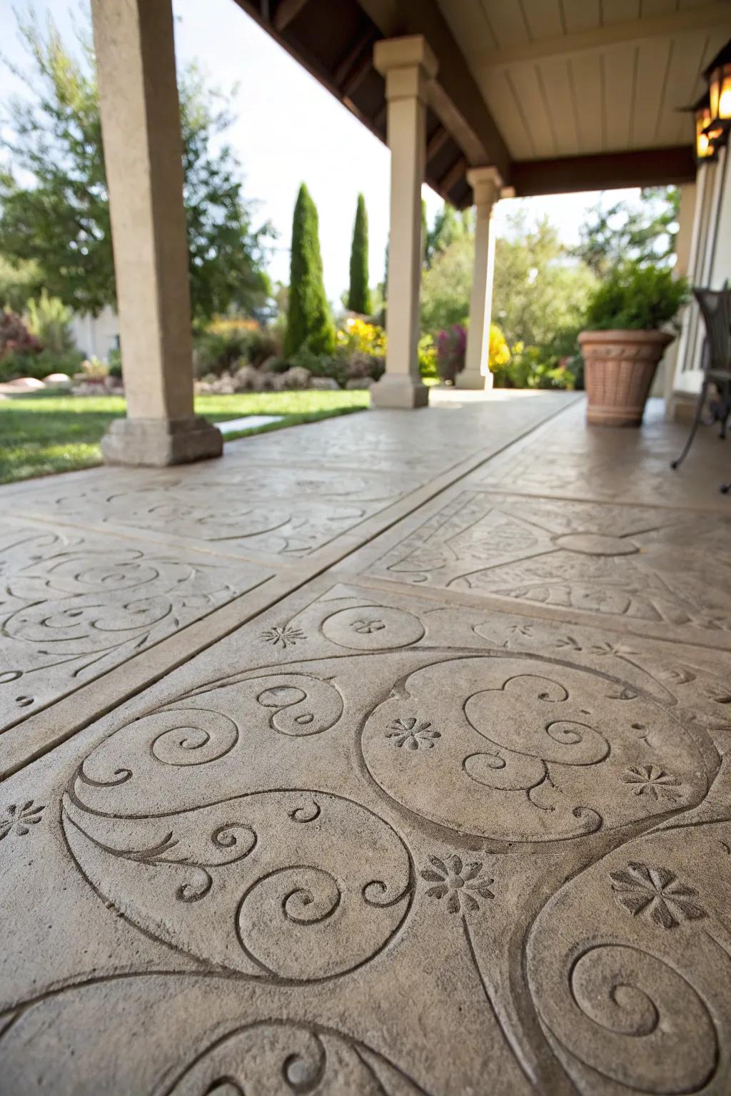 Textured concrete adds artistic depth to outdoor surfaces.