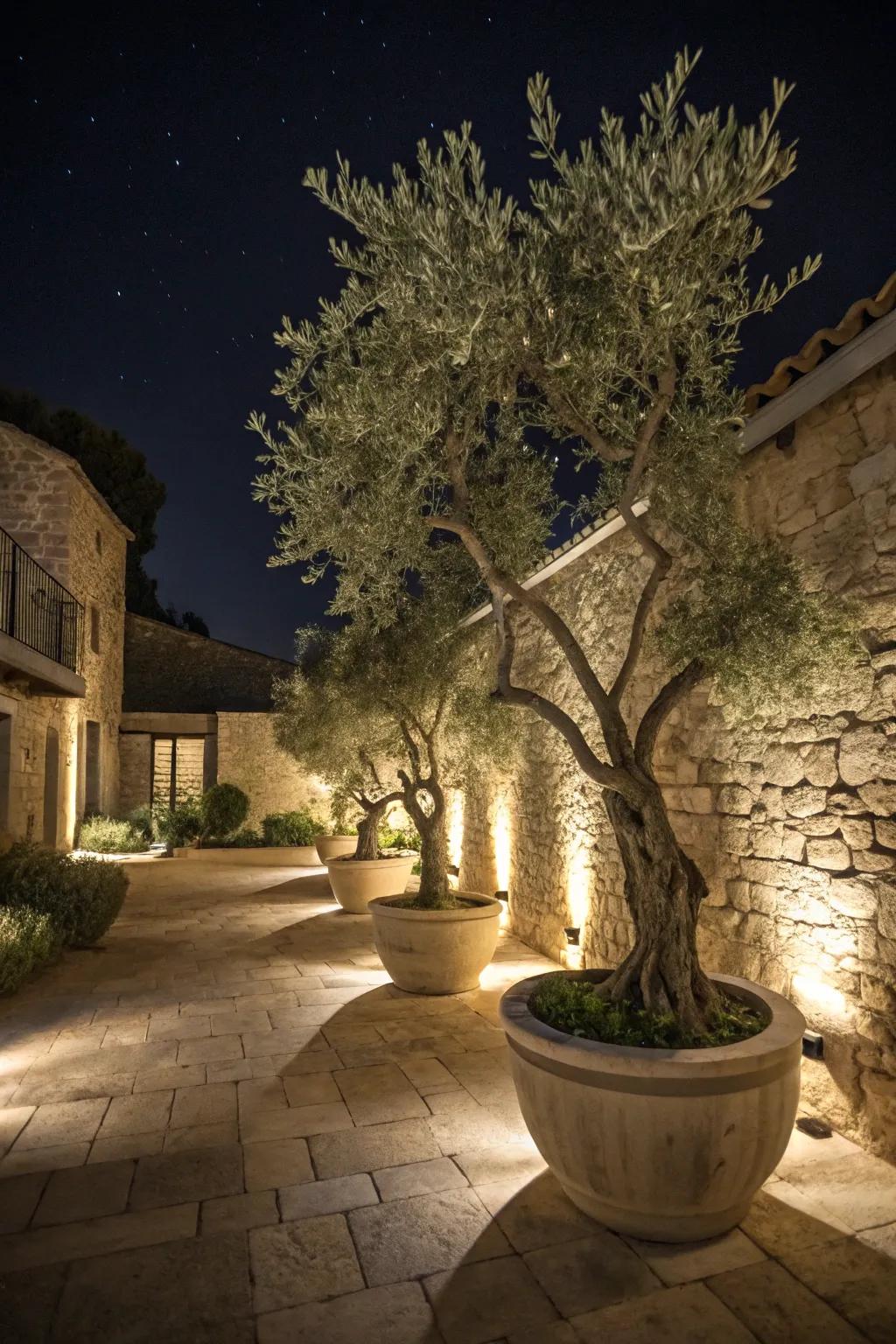 Dramatic nighttime ambiance with illuminated olive trees.