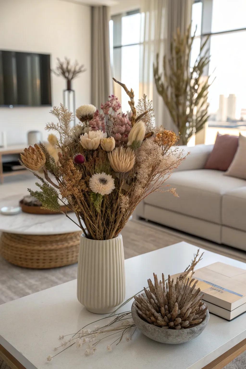 Dried flowers adding rustic charm to modern spaces.