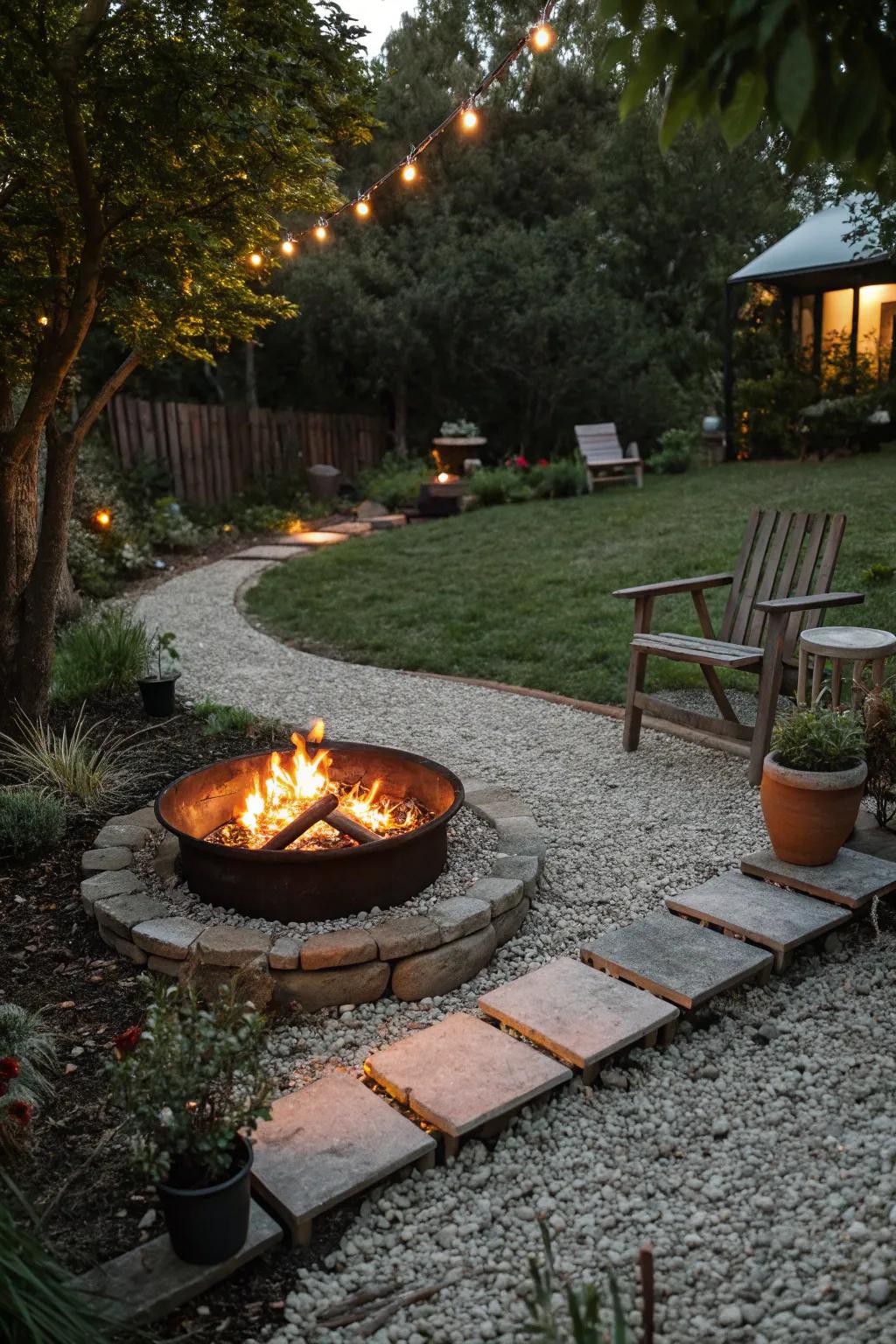 Create a welcoming fire pit area with gravel.