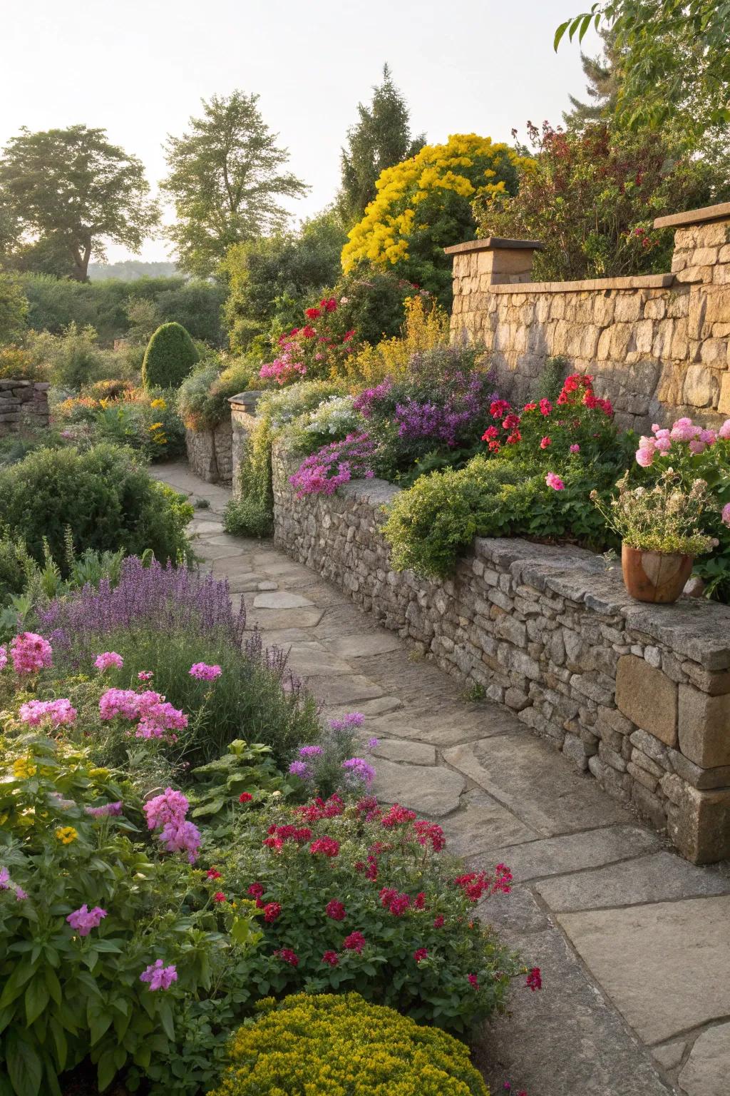 Mixed plantings with stone walls offer a striking visual contrast.