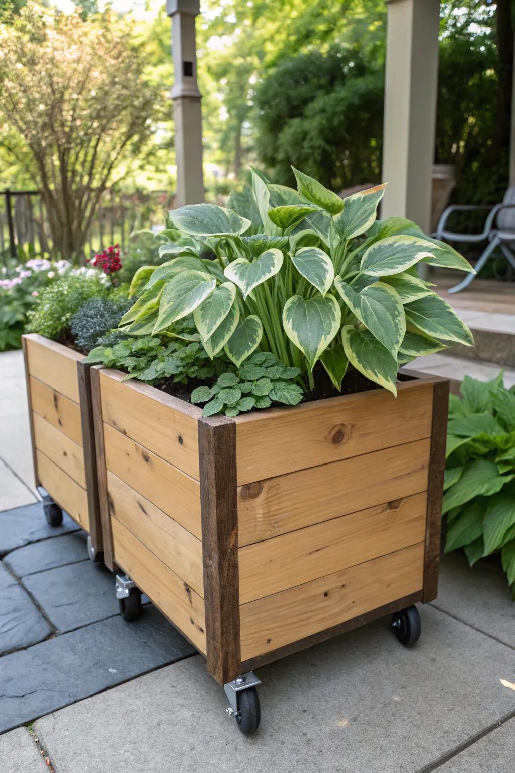Hostas in a portable planter box, offering flexibility in garden design.