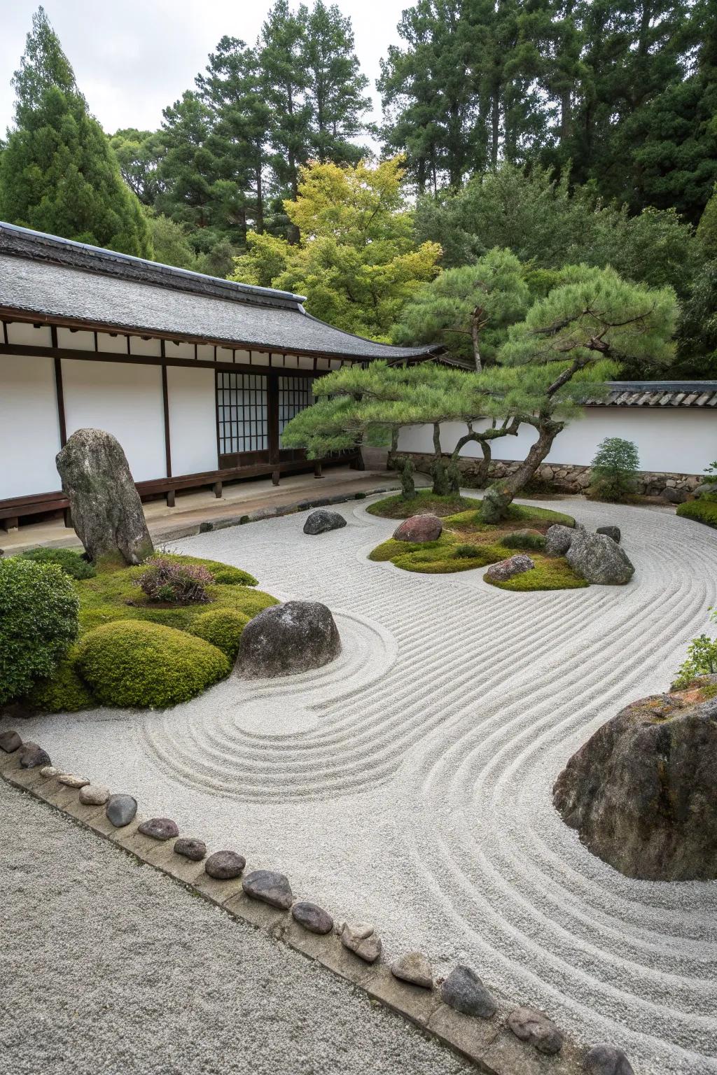 A Zen garden with raked gravel offering a tranquil retreat.