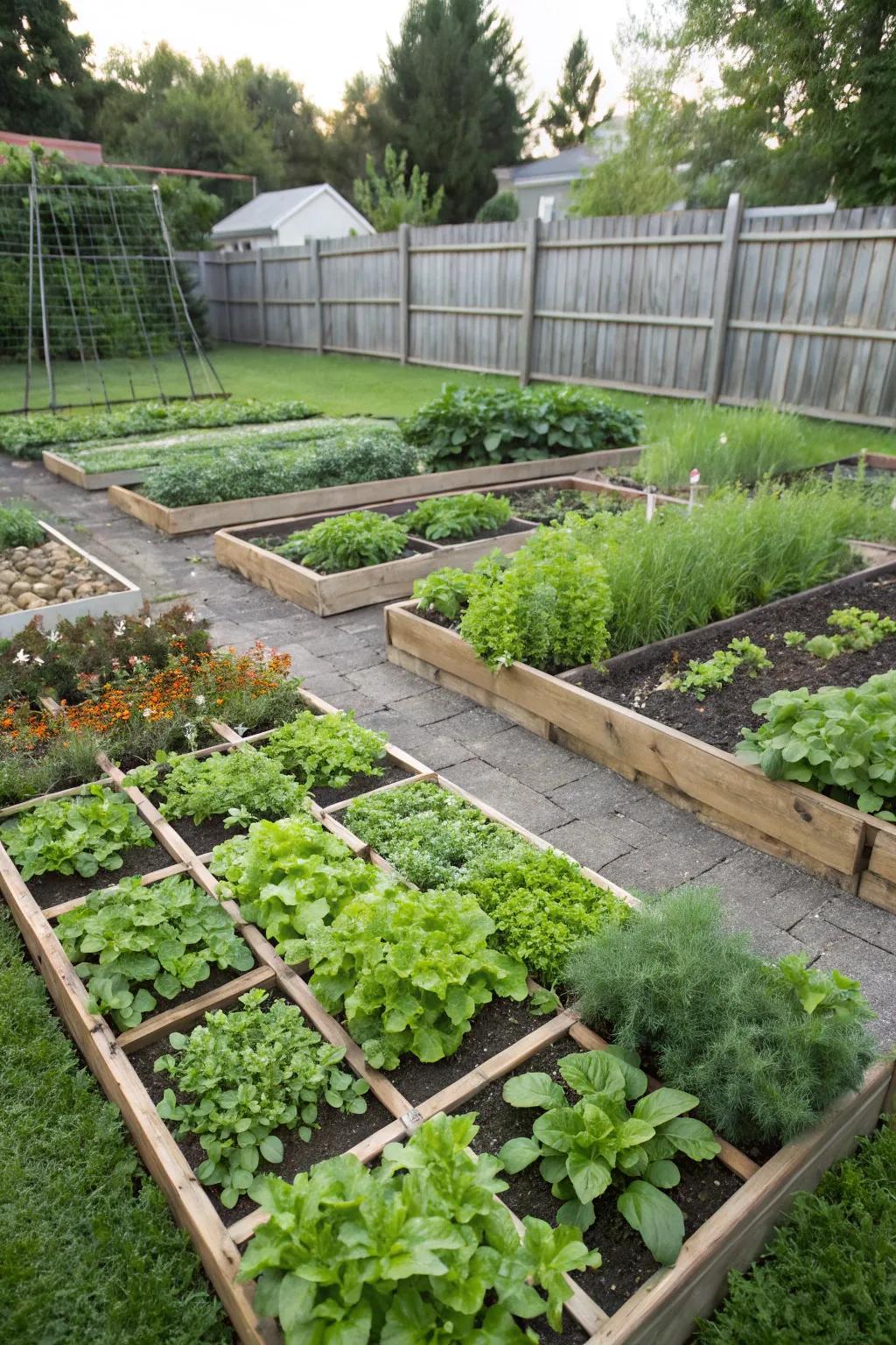 Compartmentalized plots for organized planting in a kitchen garden.