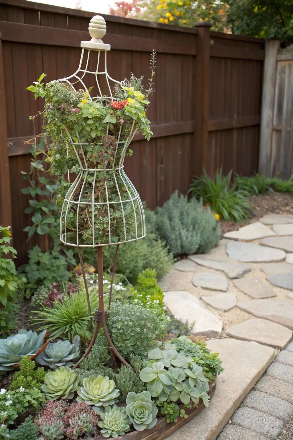 A dress form mannequin adorned with succulents.