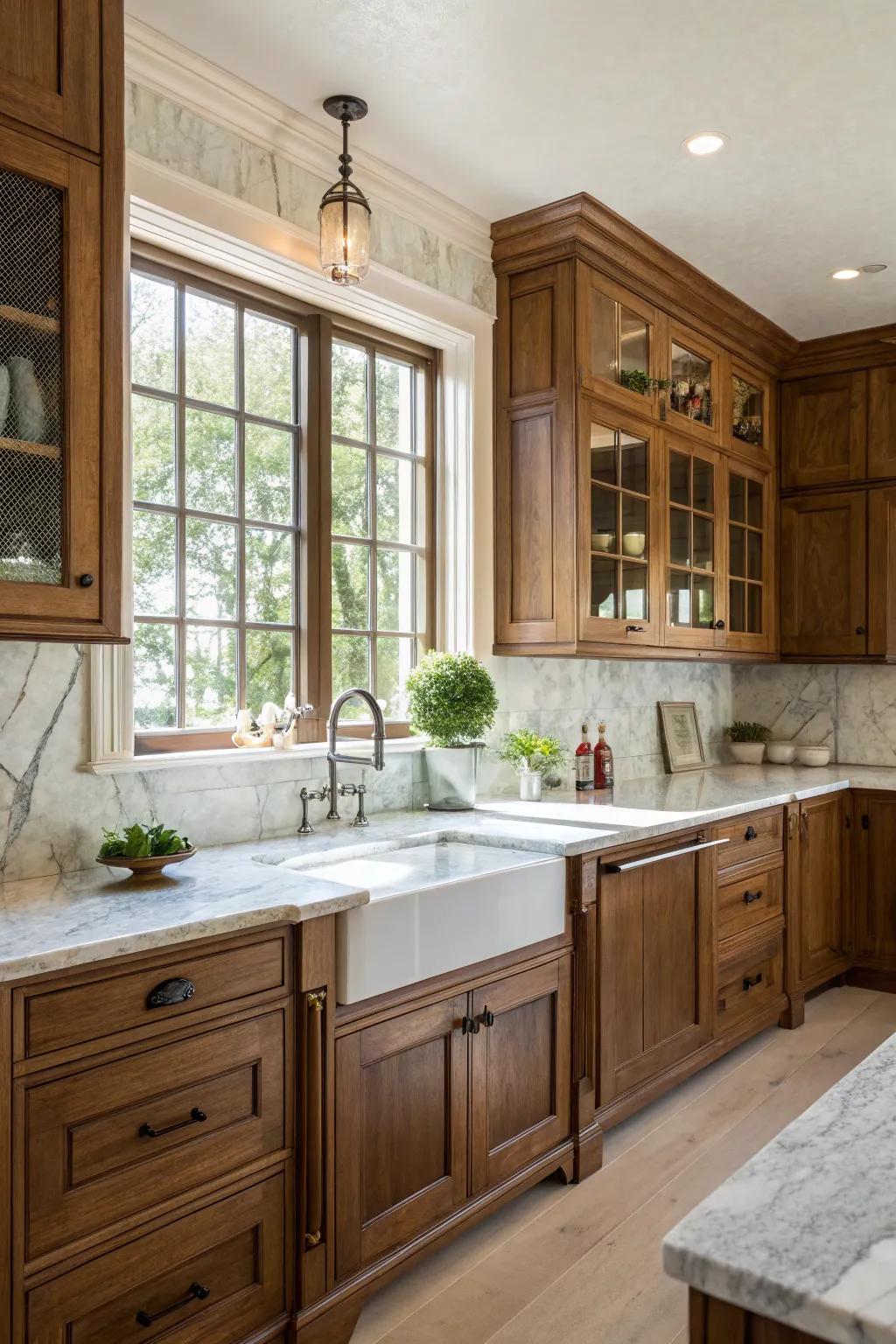 Marble countertops complement natural wood cabinets beautifully.