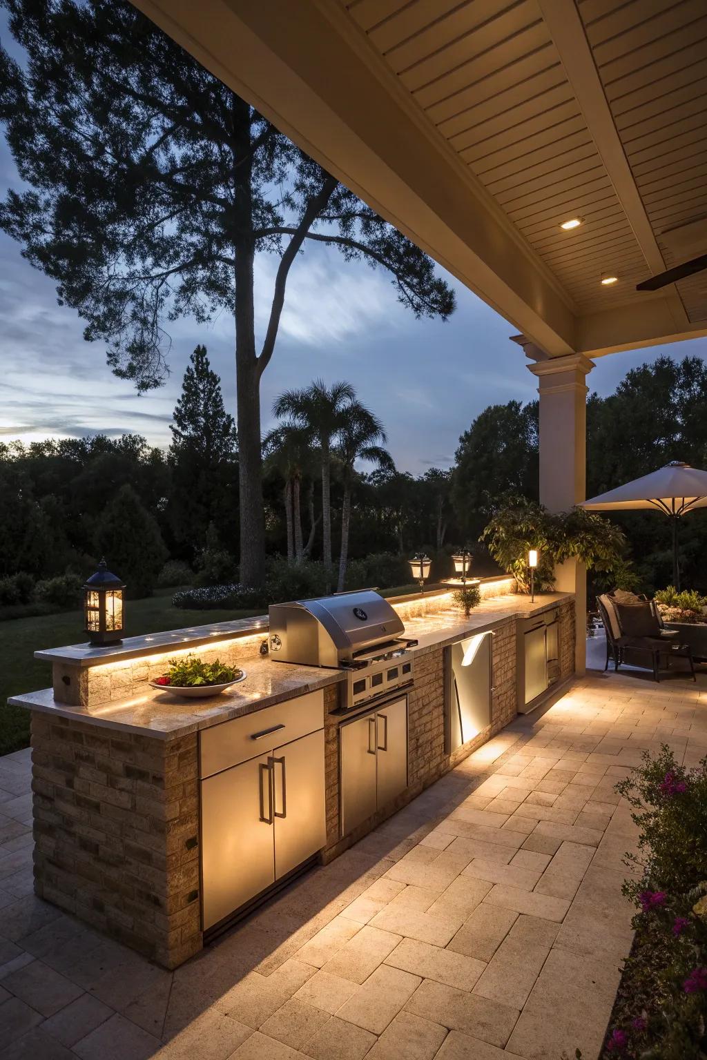 Lighting integrated into countertops creates a magical evening ambiance in your outdoor kitchen.