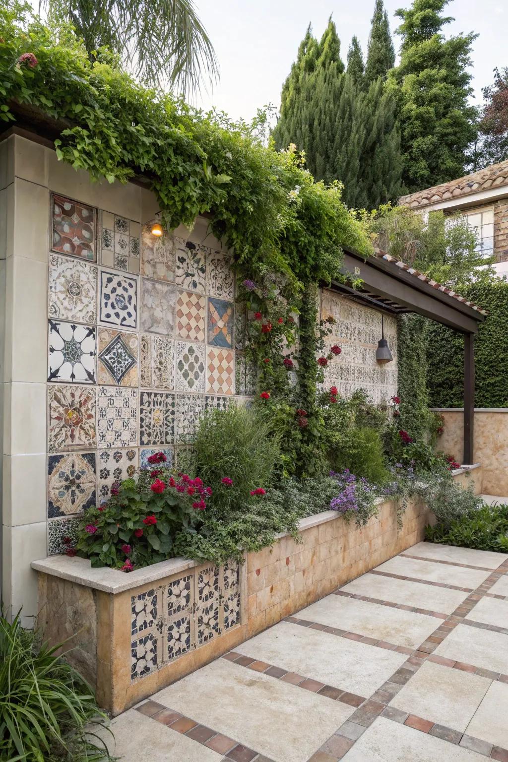 Tiling patterns add refinement and interest to outdoor feature walls.