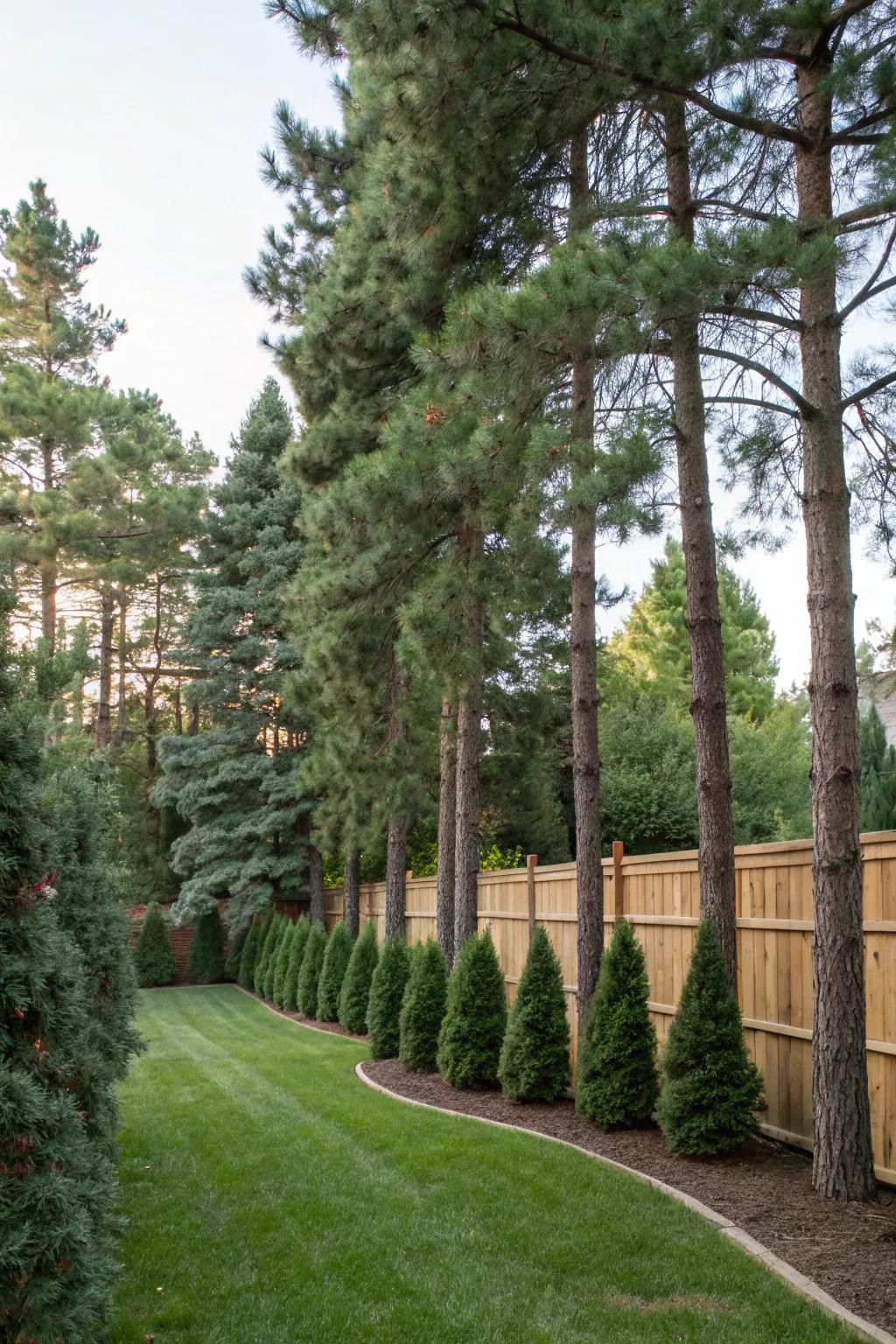 Tall pines create a natural privacy screen.
