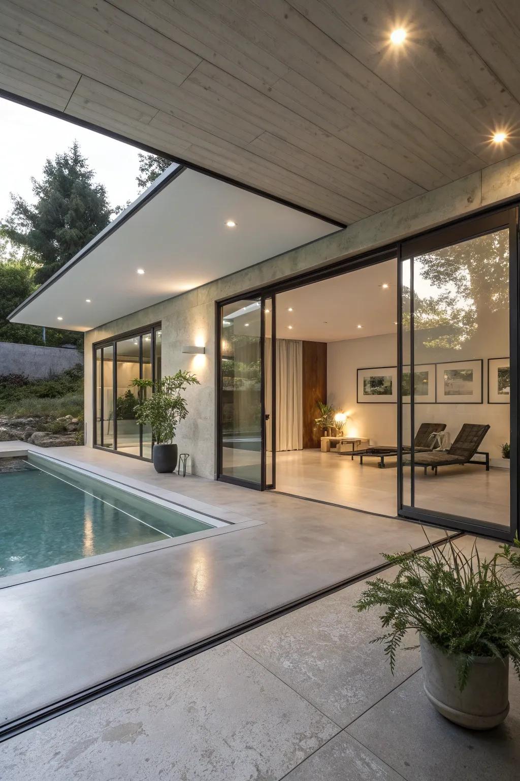 Concrete flooring offers a sleek and durable solution for modern pool houses.