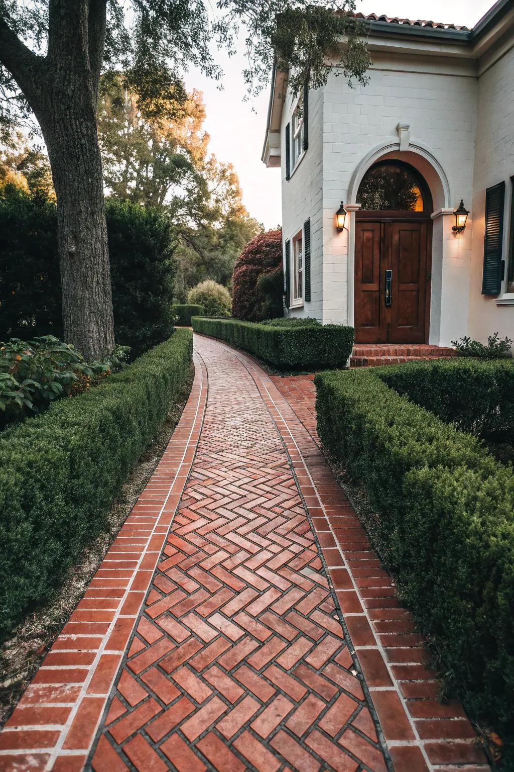 A herringbone brick walkway enhances a home's curb appeal.