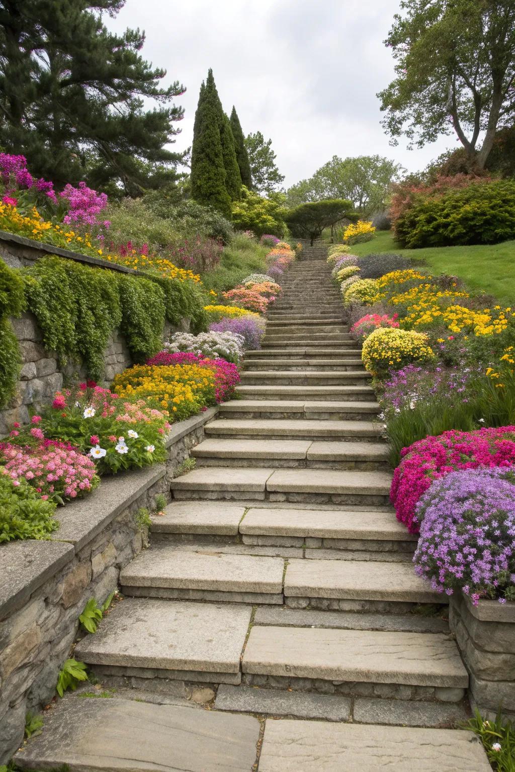 Flower beds add a colorful touch to stone steps.