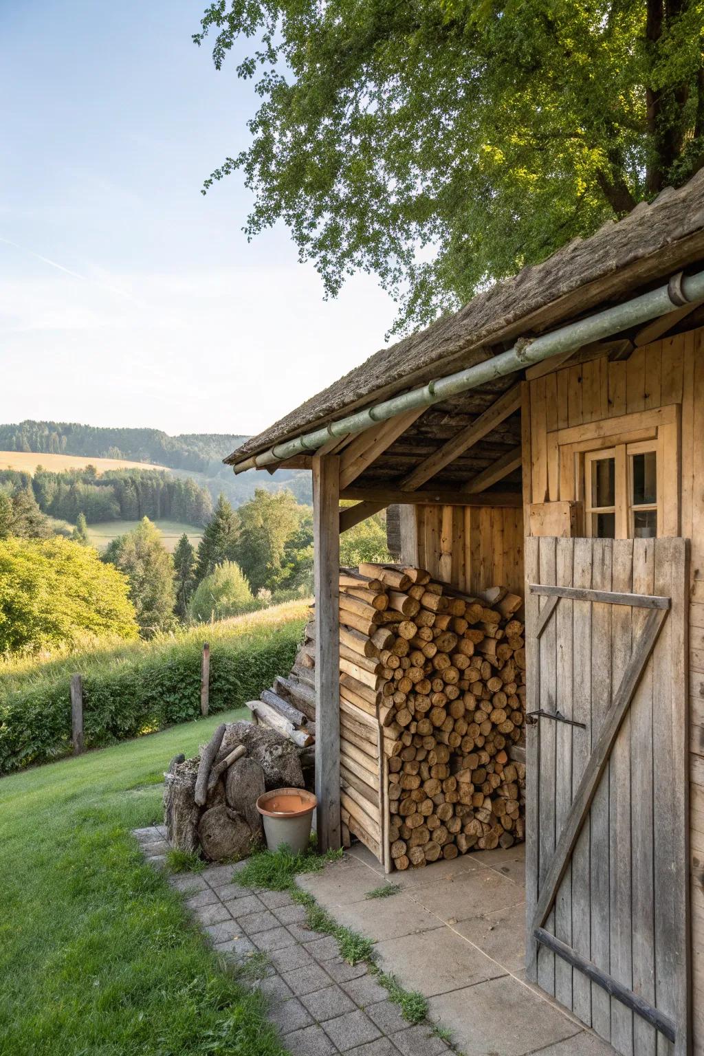 A rustic shed with a dedicated space for storing firewood.