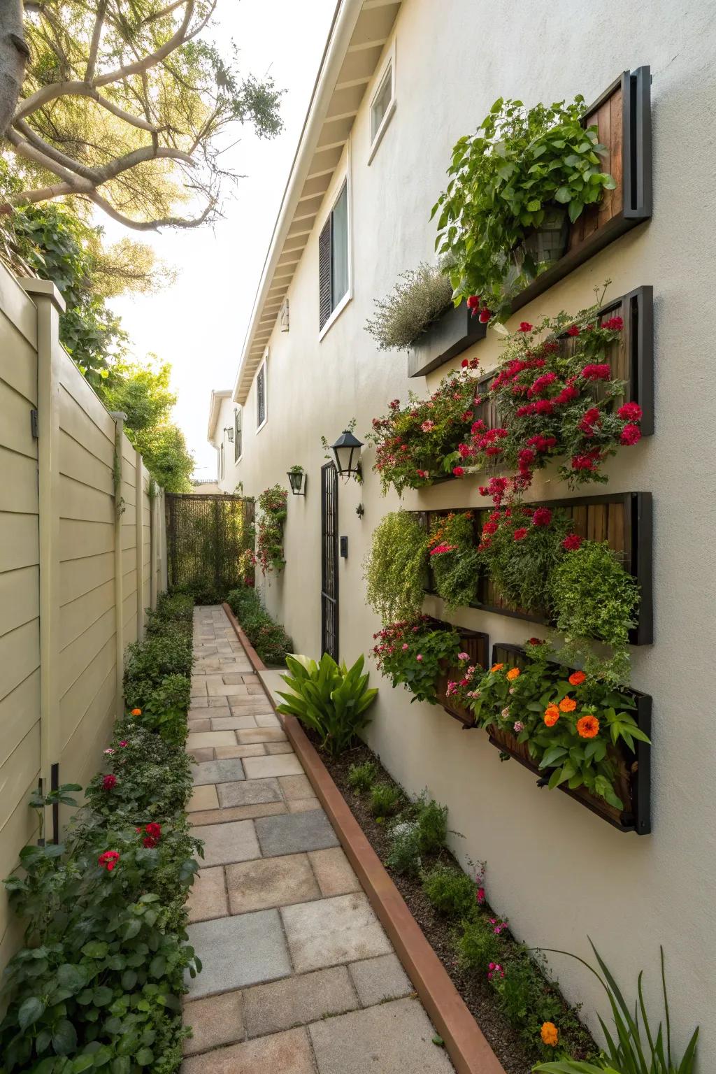 Vertical gardens elegantly utilize wall space in this side yard.