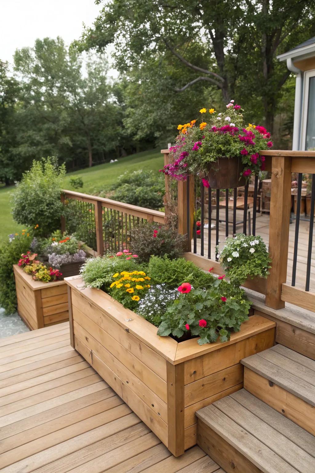 Built-in planters add a vibrant touch to your deck.